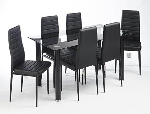 MODERN GLASS DESIGNED CONTEMPORARY DINING TABLE SET WITH 6 FAUX LEATHER CHAIRS (BLACK STRIPE TABLE - BLACK CHAIRS)