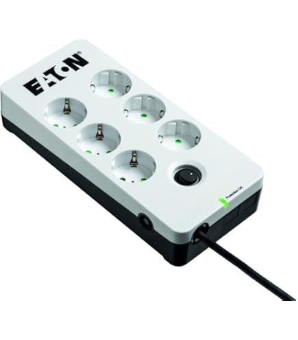 Eaton Protection Box 5 Tel@ DIN - stekkerdoos met overspanningsbeveiliging (5-voudige Schuko-bus, schakelbaar, telefoonbescherming) - zilver