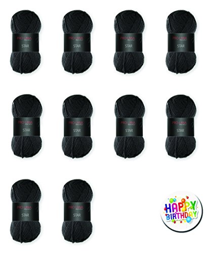 PRO LANA STAR 99 SCHWARZ, 10er Spar Geschenke-Set - Premium Polyacryl Garn, alle Farben wählbar, Lauflänge 135m/50g, Nadelstärke 3,0-3,5mm, Maschenprobe 10x10cm = 25Mx36R + Button HAPPY BIRTHDAY