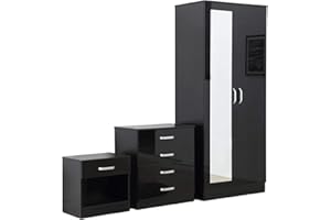 PALAKLOT High Gloss Bedroom Furniture Set – 3-Piece Set with Wardrobe, 4-Drawer Chest, and Bedside Cabinet – Stylish Storage Solution for Modern Bedrooms – Soft Close Doors (Black)