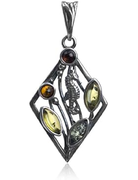 Mehrfarbiger Bernstein Sterling Silber Blume Rautenförmigem Anhänger