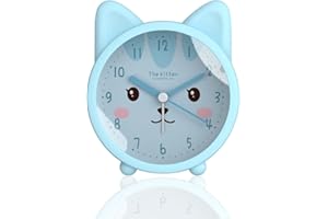 Roadtime Réveil en forme d'animal mignon pour enfants, sans tic-tac, lapin/chat/cerf, réveil de bureau silencieux avec rétroéclairage (chat, bleu)