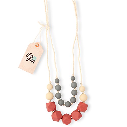 Fox & Finn 'Isabella' Silicone Teething Necklace for Babies | Safety Knotted Silk Rope | Does Not Pull Hair Out | 14 Inch Drop (marsala + smoke + latte)