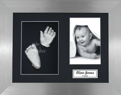BabyRice Baby Casting Kit / 11.5x8.5" Brushed Pewter Frame / Black 3 Hole Mount / Black Backing / Silver Paint