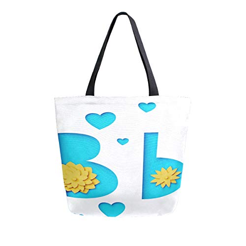Preisvergleich Produktbild Reopx Wunderschöne romantische Buchstabe B tragbare doppelseitige Casual Canvas Tragetaschen Handtasche Schulter wiederverwendbare Einkaufstaschen Duffel Geldbörse Frauen Männer Lebensmittelgeschäftn