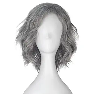 Missuhair Short Wavy Curl Silver Grey Old Lady Wig Synthetic Halloween Cosplay Costume Wig