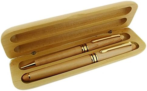 Light Brown/Gold Wooden Box with Ballpoint Pen and Roller Ball Pen by Gift Time Products
