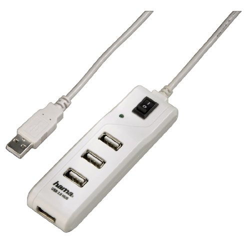 Hama 4-Port USB-2.0 Hub mit Ein-/Ausschalter, kompatibel auch mit Windows 10, schwarz/silber