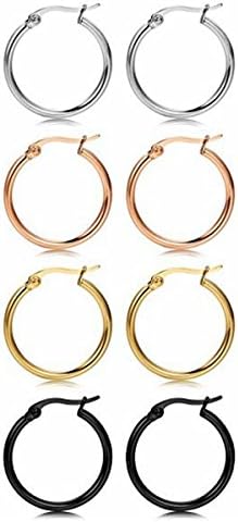 Besflily Women Girls 4 Pairs Stainless Steel Round Unisex Mixed Color Hoop Earrings 10-25mm (4 colors 20mm)