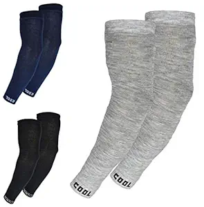 VT VIRTUE TRADERS Men & Women Cotton Sports Arm Sleeves (Pack of 3 Pairs, Navy Blue, Grey and Black)