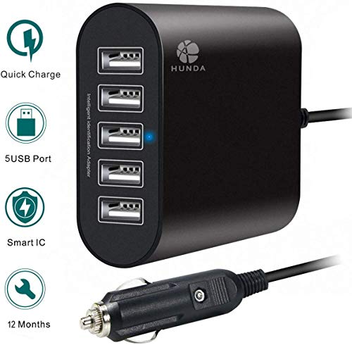 HUNDA Chargeur de Voiture, 45W/9A Rapide Chargeur Voiture Allume Cigare USB 5 Ports (12V-24V) pour iPhone 11/X/8/7/6, Samsung S10/S9/S8/S7, iPad Air/Mini, Huawei, Kindle Tablette - Noir