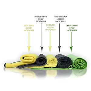 WaveX Premium Microfiber Cloth Combo | Consists of The WaveX Large Green, Twisted Loop, Waffle Weave, Double Sided and Edgeless Microfiber Cloth