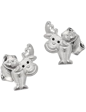 CLEVER SCHMUCK Silberne Ohrstecker Elch 7 x 6 mm Augen schwarz lackiert seidenmatt und glänzend STERLING SILBER...