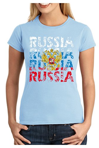 OM3 – RUSSIA – Damen T-Shirt tailliert – RUSSLAND EM 2016 FRANKREICH FRANCE FUSSBALL FANSHIRT SOCCER SPORT TRIKOT EUROPAMEISTER, XXL, hellblau