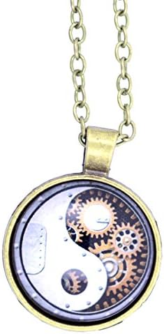 Lizzyoftheflowers - Lizzyoftheflowers. Bronze coloured outline. Vintage style yinyang yin yang sign and gearwheel pendant necklace