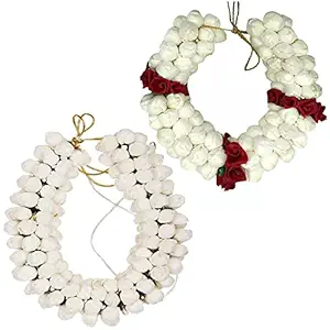 Super Gelingen 28 CM Long Hair Gajra in Artificial Jasmine Mogra Flower, Garland Juda Decoration Phool Gazra for Women, Juda Bun Realistic Hair Accessory for Girls Pack of 2 (White & Red)