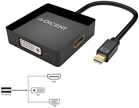 Mini Display Port Converter (Thunderbolt 2 Port Compatible) to HDMI/DVI/VGA HDTV Multi-Function Adapter Male to Female 3-in-1 Cable - Black