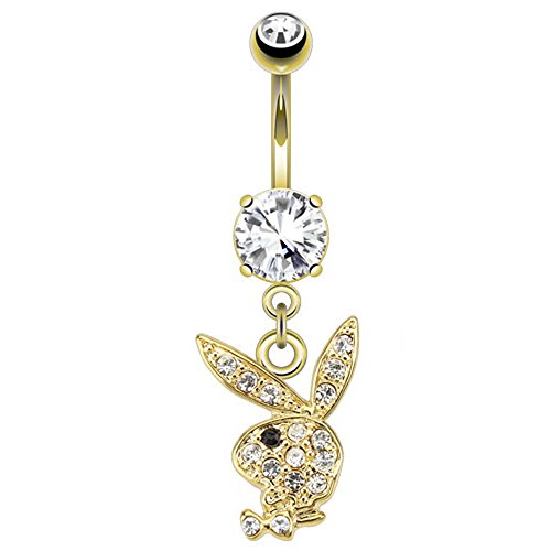 Gekko de piercings para el cartílago 14kt chapado en oro pendientes largos con forma de conejo Playboy Piercing para la barriga/cristales de color negro con circonitas de ojo de Gem