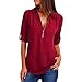 Produktbild Damen Mode Casual Oberteile Rosennie Sommer Chiffon Frauen Reißverschluss Business Langarm Bluse Elegante Chic Vintage V-Ausschnitt 3/4 Arm Lose T-Shirt Asymmetrisch Hemd Tuniken (S, Rot)