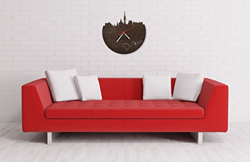 Skyline Dortmund Wanduhr aus Eichen-Holz geräuchert Made in Germany | Design Uhr aus Echtholz | Wand-Deko aus Eiche geräuchert | Originelle Wand-Uhr | Moderne Wand-Uhr im Skyline Design | Wand-Dekoration aus Natur-Holz - 2