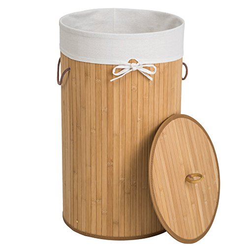 TecTake Robuster 57L Bambus Wäschekorb Ø 36 x 63cm rund natur mit Deckel und herausnehmbarem Wäschesack - 2