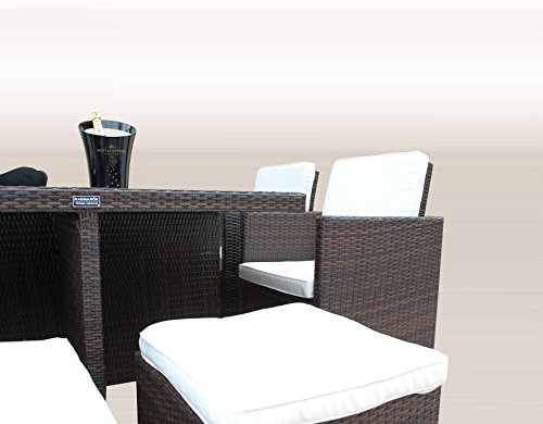 Gartenmöbel PolyRattan Essgruppe Tisch mit 4 x Stuhl & 4 Hocker DEUTSCHE MARKE -- EIGNENE PRODUKTION Garten Möbel incl. Glas und Sitzkissen Ragnarök Möbeldesign braun Rattan