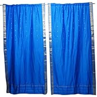 Mogul Interior Blue Sari Curtains Rod Pockets Window Treatment Pair Gold Drapes 96x44