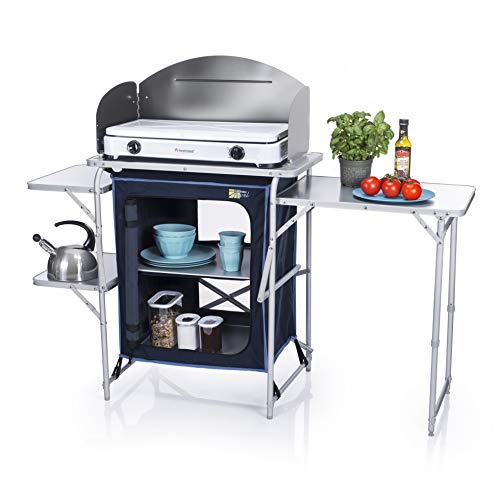 Campart KI-0730 Cocina travel de camping con paraviento, Azul, 143 x 48 x 79,5/110,5 cm