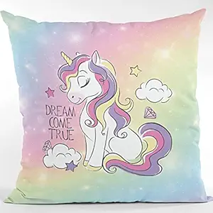 Hopcara Birthday Dream Come True Unicorn Printed Velvet Throw Pillow Sofa Cushion with Filler, 12x12 Inches