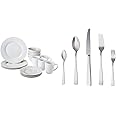 Amazon Basics Dinnerware Set, Service for 4, 16-Piece & 20-Piece Stainless Steel Flatware Set with Square Edge, Service for 4