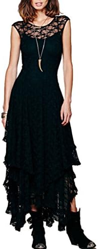 Choies Women's Sheer Lace Top Layered Asymmetric Flounce Hem Dress with Sleeveless XL