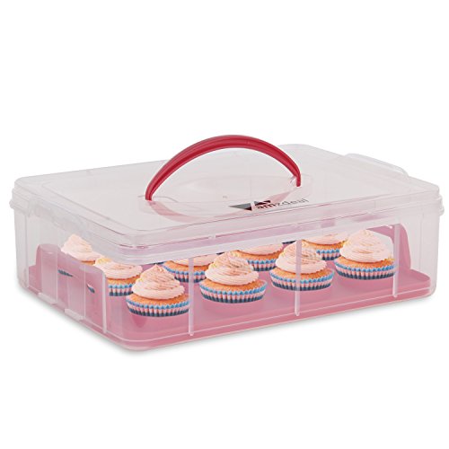 amzdeal 3 Etagen Kuchentransportbehälter 36 Cupcakes Behälter Tragbarer Transportbox für Kuchen, Cookies, Torten, Muffines Rot - 5