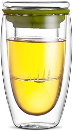 450ML Double Walled Thermo Glasses, Iced Tea, Hot/Cold Beverage, Tea and Coffee Glass Drinking Cup with Filter and Lid (Green)