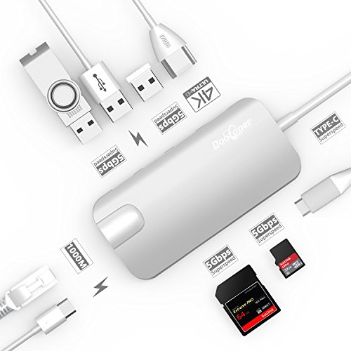 USB C Hub, Dootoper Typ C Hub mit 3 USB 3.0 Ports, 4K HDMI Port, Ethernet-Port(1000Mbit/s), SD-Kartenleser, Micro SDHC und USB C Ladeanschluss, für Geräte mit USB Typ C wie MacBook Air, MacBook Pro, Mac Mini, Google Chromebook 2016 (Silver)