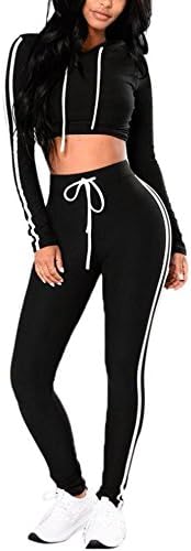 HOMEBABYWomen Slim Crop Tops+Pants Set Sports Wear Ladies 2Pcs Tracksuit Sweat Suit Solid Long Sleeve Hoodies Gym Yoga Workout Pants Pullover Sweatshirt- 2 Piece Outfit Casual