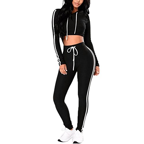 HOMEBABYWomen Slim Crop Tops+Pants Set Sports Wear Ladies 2Pcs Tracksuit Sweat Suit Solid Long Sleeve Hoodies Gym Yoga Workout Pants Pullover Sweatshirt- 2 Piece Outfit Casual