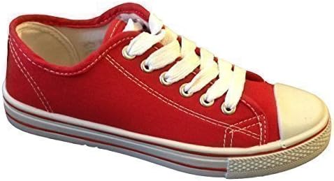 LADIES WOMENS GIRLS CANVAS LACE UP PLIMSOLL FLAT GYM SHOES SNEAKERS TRAINER PUMPS SIZE (UK 4 / EU 37, Red)