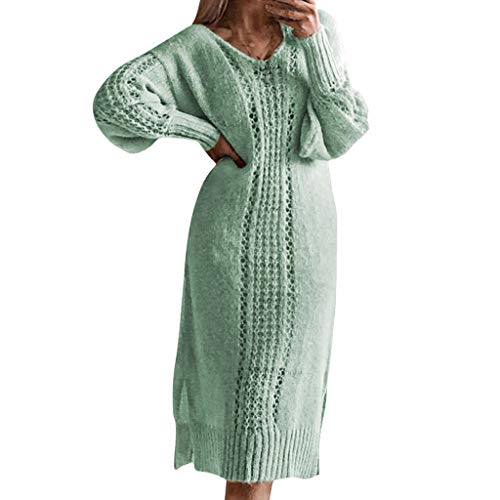 DEELIN Robe Pull Femme Automne Hiver Chaud De Mode Vintage Tricots à Manches Longues Col V Ample Robe Casual Couleur Unie Robe Pull Longue Gris Kaki