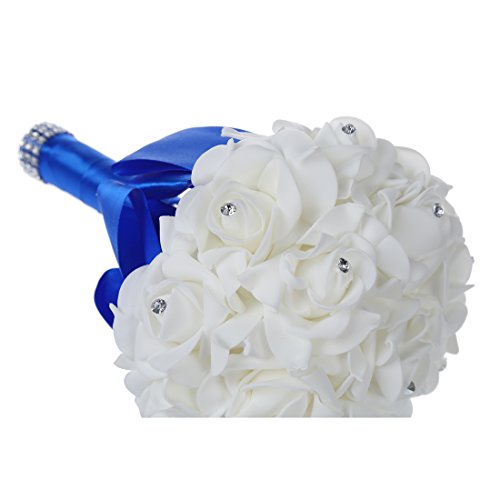 TOOGOO(R)Schoene Hochzeits-Blumenstrauss Blumenhochzeitsstrauss kuenstliche Blume Rose weisser Brautstraeusse mit blauer Band - 4