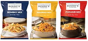 Dinoos Combo Pack of 3 Indian Snacks(Bombay Mix, Madras Mix & Punjabi Mix)200 gms each