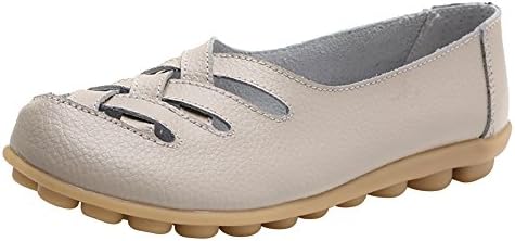 NIUERTE Women's Geniune Leather Straps Across Casual Slip-On Loafers Beige 9 UK