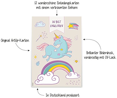 12 Einladungskarten „Einhorn Regenbogen“ zum Kindergeburtstag / Geburtstagseinladungen Einladungen Geburtstag Kinder Mädchen Unicorn Einhörner Glitzer Einladungstext Vorlagen Karten Postkarte Set - 3