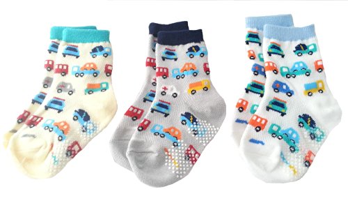 Baby Boy 3-Pack Anti-skid Cotton Socks - CREAM GREY WHITE CARS Age 6-18 Months