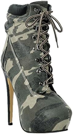Kolnoo Womens 14.5cm Almond Toe Denim Detail Lace-up High Heel Ankle Boots Party Shoes Green EU38