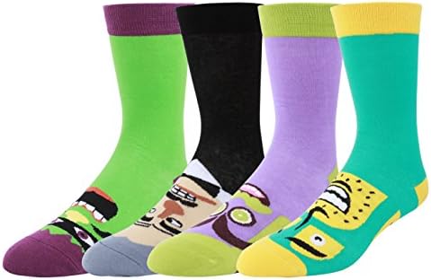 WYTartist Men's Dress Cool Colorful Novelty Funny Casual Combed Cotton Crew Socks 4 Pairs - Gift Box (Monster)