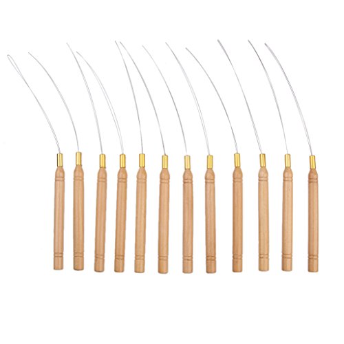 Pack of 12 Micro Ring Hair Extension Wooden Loop Needle Threader DIY Hook Tool
