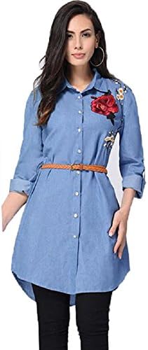 Long Sleeve Tops Women Rose Embroidered Long Shirt Dress Party Shirts (S, Blue)