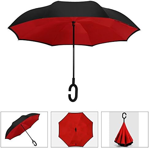 Reverse Umbrella Automatic Windproof for Car by AmbrellaOK Double Layer - C-Shaped Hands Free Handle - Inverted Upward Folding Design – Ideal Gift Men &amp; Women (Auto Open-RED)