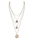 Die antik-goldene Halskette besteht aus vier Gliederketten in unterschiedlichen längen und Stilen