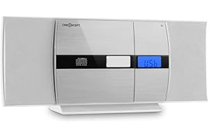 oneConcept V-15 - Stereo system, MP3-capable CD player, LCD display, USB port, Folder navigation, AUX IN, FM radio, Alarm clock, Remote control, Bass boost, Wall mounting, White